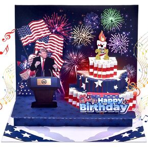 Birthday Card，Fireworks 3D Pop Up Music & LED Lights Cards with President's Real Voice，Blowable Cake，Greeting Cards for Women Men Kids Father(Presidential Blessings)