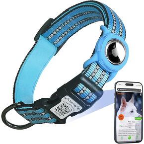 طوق الكلب العاكس مع حامل Apple Airtag ورمز QR Code معرف PET ، طوق تعقب الكلاب القابل للتعديل من النايلون الناعم مع قفل أمان للكلاب الكبيرة (الأزرق ، L)