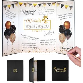Retirement Guest Book Party Decorations, Black Gold Officially Retired Alternative Signature Card for Men Women Happy Retirement Gifts Signature Board for Retirement Farewell Keepsake Supplies