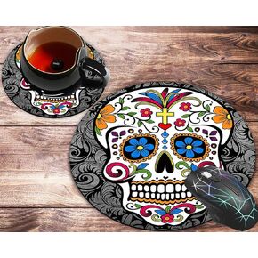 Round Mouse Pad and Coasters Set, Sugar Skull Mousepad, Non-Slip Rubber Round Mouse Pad, Customized Mouse Mat for Working and Gaming