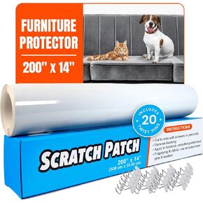Match 'n Patch Furniture Protector - Scratch Protector للحيوانات الأليفة - درع شفاف لخدوش الحيوانات الأليفة - غير ملصق وسهل تطبيقه ، ويشمل 20 دبابيس تويست - 200 × 14 بوصة ، لفة واحدة