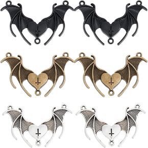 SUNNYCLUE 1 BOX 30PCS Black Bat Connector Charms Heart Charms Halloween Gothic Vampire Wing Double Loops Silver Bronze Black Link Charm Bulk for Jewelry Making Charms Earrings Necklace Diy Crafts