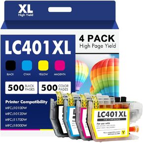 LC401 LC401XL MFC-J1010DW Ink Cartridges for Brother Printer LC 401 401XL for MFC-J1010DW MFC-J1170DW MFC-J1012DW MFC-J1800DW MFC J1010DW - 4 Pack High Yields Black Cyan Magenta Yellow