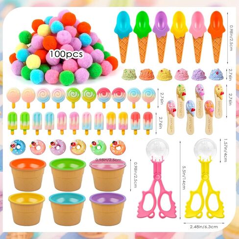 154 Pcs Summer Ice Cream Sensory Bin Filler Ice Cream Cake Doughnut Sensory Bin Items Fine Motor Toys Counting Sorting 100 Pom Pom 6 Sorting Cups with 6 Spoons for Summer Sorting Counting Training in Kuwait
