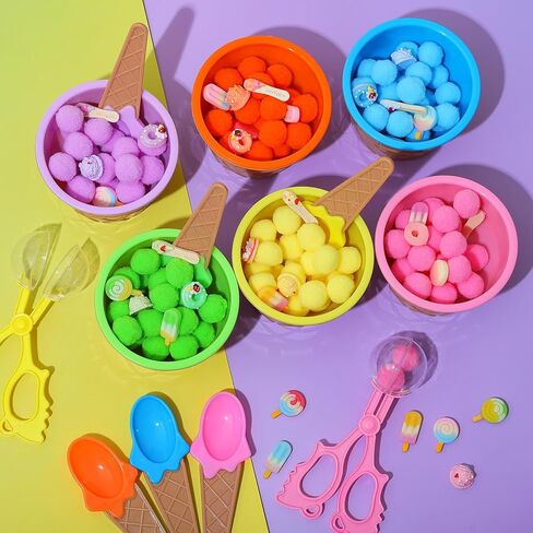 154 Pcs Summer Ice Cream Sensory Bin Filler Ice Cream Cake Doughnut Sensory Bin Items Fine Motor Toys Counting Sorting 100 Pom Pom 6 Sorting Cups with 6 Spoons for Summer Sorting Counting Training in Kuwait