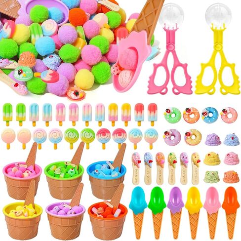 154 Pcs Summer Ice Cream Sensory Bin Filler Ice Cream Cake Doughnut Sensory Bin Items Fine Motor Toys Counting Sorting 100 Pom Pom 6 Sorting Cups with 6 Spoons for Summer Sorting Counting Training in Kuwait