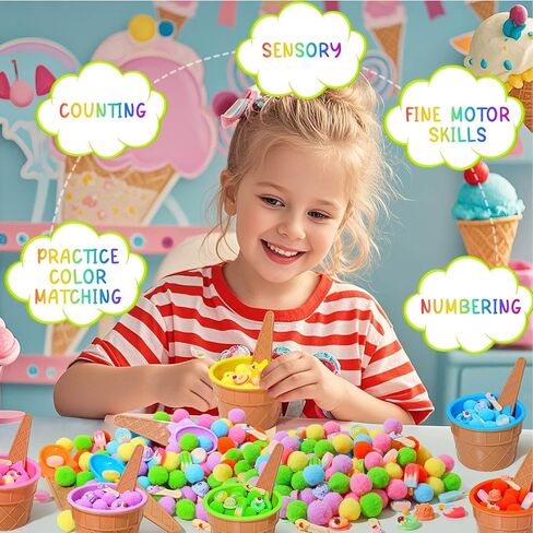 154 Pcs Summer Ice Cream Sensory Bin Filler Ice Cream Cake Doughnut Sensory Bin Items Fine Motor Toys Counting Sorting 100 Pom Pom 6 Sorting Cups with 6 Spoons for Summer Sorting Counting Training in Kuwait