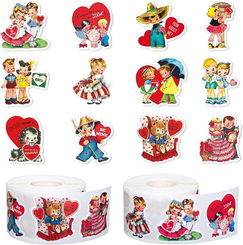 Whaline 1000Pcs Vintage Valentine's Day Stickers Roll Retro Heart Boy Girl Self-Adhesive Sticker Decals for Wedding Anniversary Scrapbook Journal Card, 12 Design in Kuwait