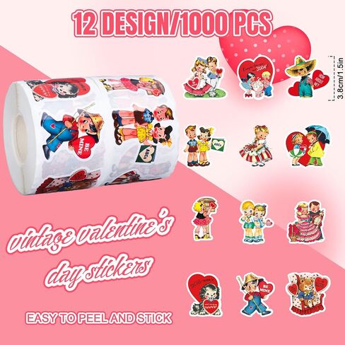 Whaline 1000Pcs Vintage Valentine's Day Stickers Roll Retro Heart Boy Girl Self-Adhesive Sticker Decals for Wedding Anniversary Scrapbook Journal Card, 12 Design in Kuwait
