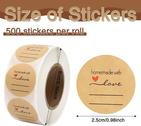 500pcs Handmade with Love Stickers 0.98'' Canning Labels for Mason Jar Kraft Sealing Labels Stickers for Baked Packaging Round Adhesive Tags for Shopping Business for DIY Roll (Style A) in Kuwait