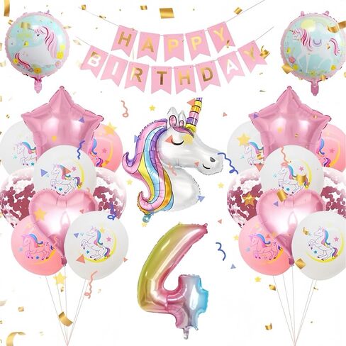 Unicorn Birthday Party Decorations for Girls,4th Birthday Party Balloon Set with Happy Birthday Banner,Foil Balloons Large Unicorn Balloons and Heart and Star Baby Shower Party Supplie (Number 4) in Saudi Arabia