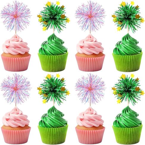 Geelin 40 Pcs Witch Themed Foil Firework Cupcake Toppers Pink & Green Sparkle Tinsel Cupcake Decorations with Magic Wand Designs for Witch Parties Princess Birthday Parties Enchanted Themed Events in Kuwait