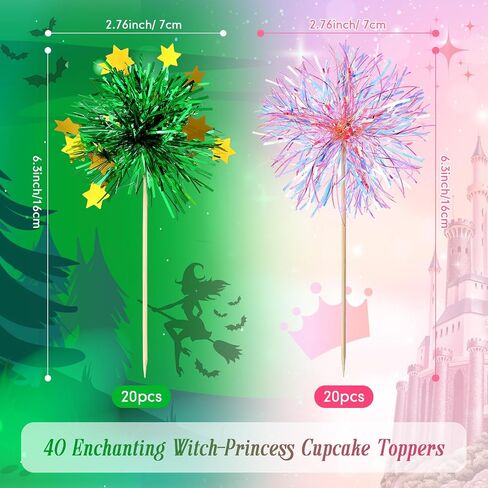Geelin 40 Pcs Witch Themed Foil Firework Cupcake Toppers Pink & Green Sparkle Tinsel Cupcake Decorations with Magic Wand Designs for Witch Parties Princess Birthday Parties Enchanted Themed Events in Kuwait
