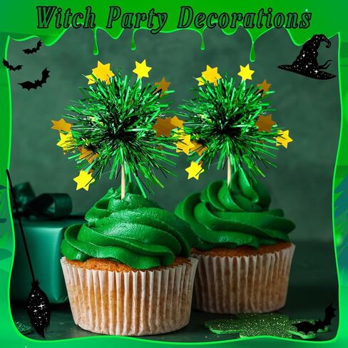 Geelin 40 Pcs Witch Themed Foil Firework Cupcake Toppers Pink & Green Sparkle Tinsel Cupcake Decorations with Magic Wand Designs for Witch Parties Princess Birthday Parties Enchanted Themed Events in Kuwait