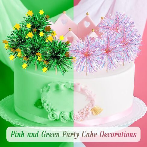 Geelin 40 Pcs Witch Themed Foil Firework Cupcake Toppers Pink & Green Sparkle Tinsel Cupcake Decorations with Magic Wand Designs for Witch Parties Princess Birthday Parties Enchanted Themed Events in Kuwait