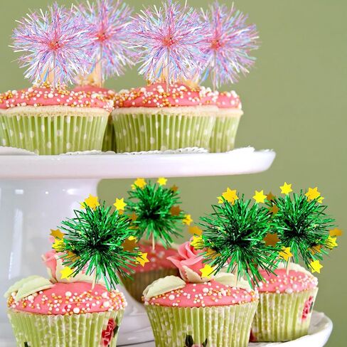 Geelin 40 Pcs Witch Themed Foil Firework Cupcake Toppers Pink & Green Sparkle Tinsel Cupcake Decorations with Magic Wand Designs for Witch Parties Princess Birthday Parties Enchanted Themed Events in Kuwait