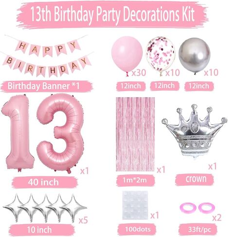Happy 15th Birthday Decorations for Girl - Pink & Silver Balloons, Fringe Curtain, Crown Star Balloon for Her Princess Party in Saudi Arabia