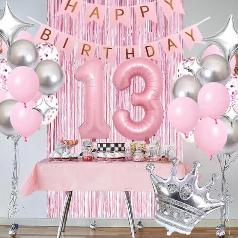 Happy 15th Birthday Decorations for Girl - Pink & Silver Balloons, Fringe Curtain, Crown Star Balloon for Her Princess Party in Saudi Arabia