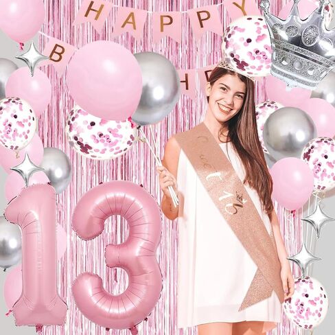 Happy 15th Birthday Decorations for Girl - Pink & Silver Balloons, Fringe Curtain, Crown Star Balloon for Her Princess Party in Saudi Arabia