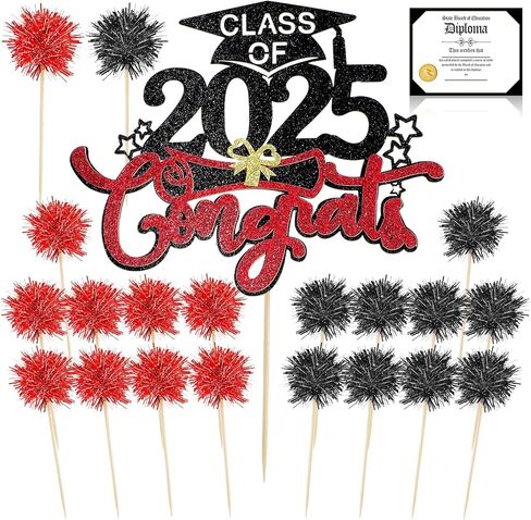 SLINER 22 PCS Class of 2025 Cake Cake Toppers CHESS CHESS CAKE 1 Topper Decorations 1 Diploma CARD 20 FOIL FOIL FIRWORK CUPCAKE TOPPERS for Terguation Party Supplies (Red ، Black) in Kuwait