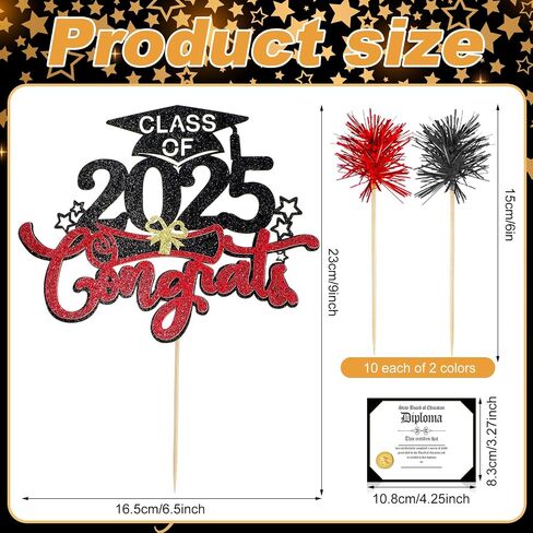 SLINER 22 PCS Class of 2025 Cake Cake Toppers CHESS CHESS CAKE 1 Topper Decorations 1 Diploma CARD 20 FOIL FOIL FIRWORK CUPCAKE TOPPERS for Terguation Party Supplies (Red ، Black) in Kuwait
