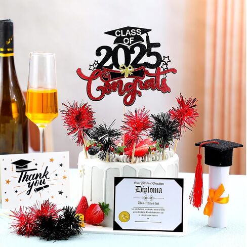 SLINER 22 PCS Class of 2025 Cake Cake Toppers CHESS CHESS CAKE 1 Topper Decorations 1 Diploma CARD 20 FOIL FOIL FIRWORK CUPCAKE TOPPERS for Terguation Party Supplies (Red ، Black) in Kuwait