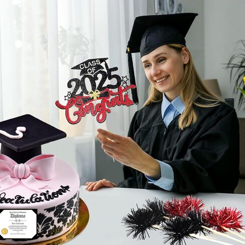SLINER 22 PCS Class of 2025 Cake Cake Toppers CHESS CHESS CAKE 1 Topper Decorations 1 Diploma CARD 20 FOIL FOIL FIRWORK CUPCAKE TOPPERS for Terguation Party Supplies (Red ، Black) in Kuwait