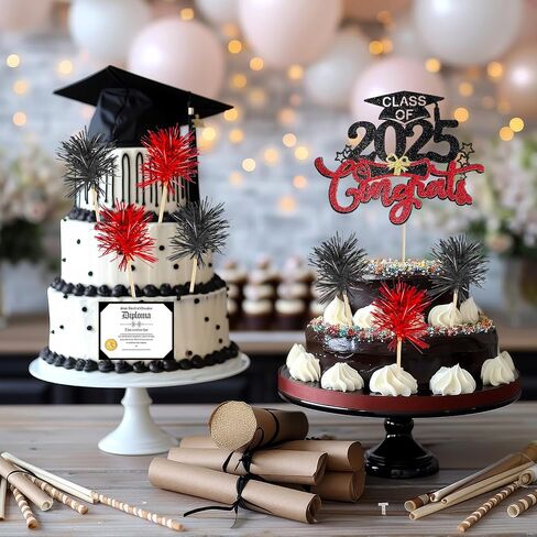 SLINER 22 PCS Class of 2025 Cake Cake Toppers CHESS CHESS CAKE 1 Topper Decorations 1 Diploma CARD 20 FOIL FOIL FIRWORK CUPCAKE TOPPERS for Terguation Party Supplies (Red ، Black) in Kuwait