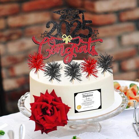 SLINER 22 PCS Class of 2025 Cake Cake Toppers CHESS CHESS CAKE 1 Topper Decorations 1 Diploma CARD 20 FOIL FOIL FIRWORK CUPCAKE TOPPERS for Terguation Party Supplies (Red ، Black) in Kuwait