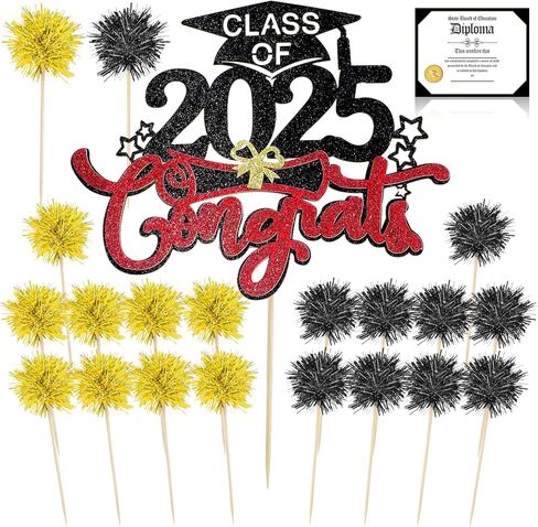 Sliner 22 Pcs Class of 2025 Graduation Cake Toppers Set Includes 1 Cake Topper Decorations 1 Diploma Card 20 Foil Firework Cupcake Toppers for Graduation Party Supplies(Red, Black) in Saudi Arabia