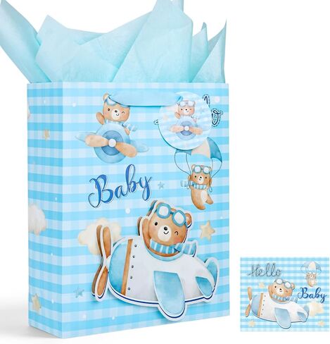VGOODALL Blue Baby Gift Bag, 10" x 4" x 12.6" Large Paper Bag with Handles Tissue Paper Greeting Card for Kids Birthday Baby Shower Party Gender Reveal in Saudi Arabia