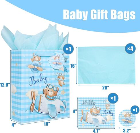 VGOODALL Blue Baby Gift Bag, 10" x 4" x 12.6" Large Paper Bag with Handles Tissue Paper Greeting Card for Kids Birthday Baby Shower Party Gender Reveal in Saudi Arabia