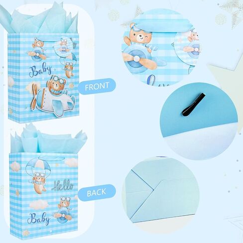 VGOODALL Blue Baby Gift Bag, 10" x 4" x 12.6" Large Paper Bag with Handles Tissue Paper Greeting Card for Kids Birthday Baby Shower Party Gender Reveal in Saudi Arabia