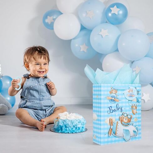 VGOODALL Blue Baby Gift Bag, 10" x 4" x 12.6" Large Paper Bag with Handles Tissue Paper Greeting Card for Kids Birthday Baby Shower Party Gender Reveal in Saudi Arabia