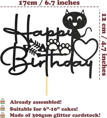 Sotpot 1PC Cat Birthday Cake Topper Black Glitter Kitten Baby Cake Picks for Cat Kitten Theme Baby Shower Kids Birthday Decoration Supplies in Saudi Arabia