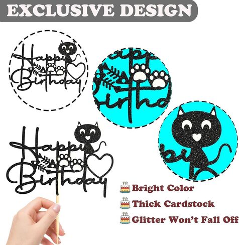 Sotpot 1PC Cat Birthday Cake Topper Black Glitter Kitten Baby Cake Picks for Cat Kitten Theme Baby Shower Kids Birthday Decoration Supplies in Saudi Arabia