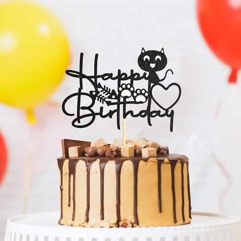 Sotpot 1PC Cat Birthday Cake Topper Black Glitter Kitten Baby Cake Picks for Cat Kitten Theme Baby Shower Kids Birthday Decoration Supplies in Saudi Arabia