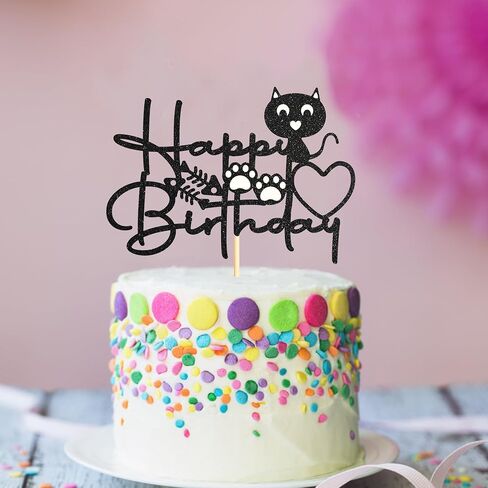Sotpot 1PC Cat Birthday Cake Topper Black Glitter Kitten Baby Cake Picks for Cat Kitten Theme Baby Shower Kids Birthday Decoration Supplies in Saudi Arabia