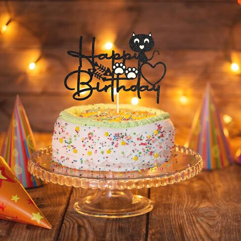 Sotpot 1PC Cat Birthday Cake Topper Black Glitter Kitten Baby Cake Picks for Cat Kitten Theme Baby Shower Kids Birthday Decoration Supplies in Saudi Arabia