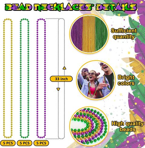 15PCS Mardi Gras Beads, Green Purple Gold Mardi Gras Necklace Accessories, 33" Round Festival Beads Carnival Party Favors Bulk, Beads Necklace for Parade Throws Party Decorations Costumes Supplies in Saudi Arabia