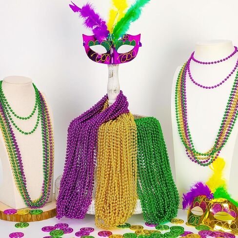 15PCS Mardi Gras Beads, Green Purple Gold Mardi Gras Necklace Accessories, 33" Round Festival Beads Carnival Party Favors Bulk, Beads Necklace for Parade Throws Party Decorations Costumes Supplies in Saudi Arabia