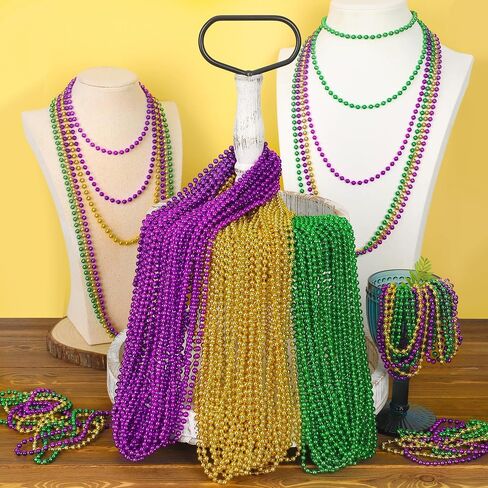 15PCS Mardi Gras Beads, Green Purple Gold Mardi Gras Necklace Accessories, 33" Round Festival Beads Carnival Party Favors Bulk, Beads Necklace for Parade Throws Party Decorations Costumes Supplies in Saudi Arabia