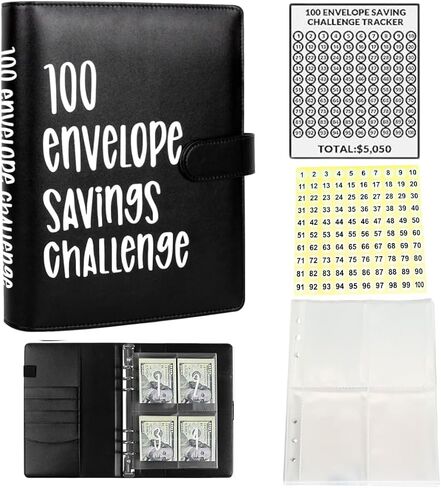 100 envelopes money saving challenge with savings challenges book with envelopes, Flownwing Budget Binder and money envelopes for cash-and Money Saving Binder for Efficient Money Management (Black) in Saudi Arabia