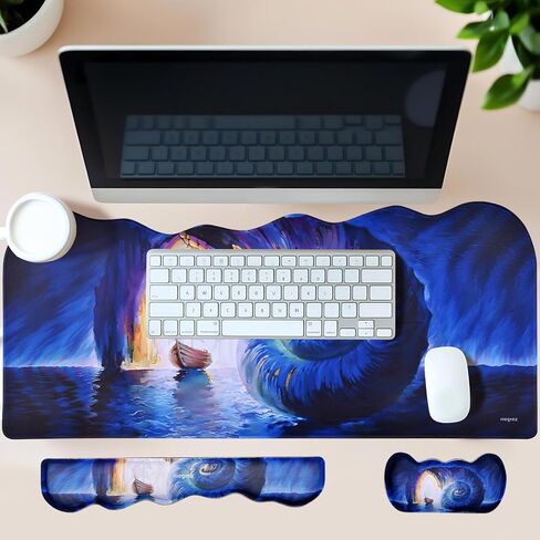 MEGREZ Ergonomic Memory Foam Wrist Support Set, Desk Pad + Wrist Rest + Keyboard Wrist Rest, Non-Slip Base Wave Shape Desk Pad Mat for Home/Office, Sunset Sky in Saudi Arabia