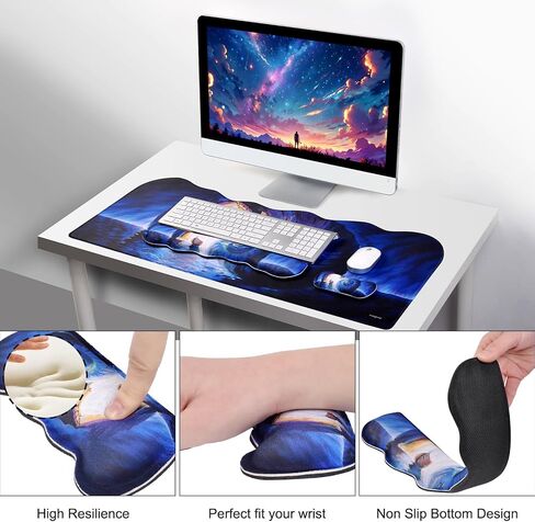 MEGREZ Ergonomic Memory Foam Wrist Support Set, Desk Pad + Wrist Rest + Keyboard Wrist Rest, Non-Slip Base Wave Shape Desk Pad Mat for Home/Office, Sunset Sky in Saudi Arabia