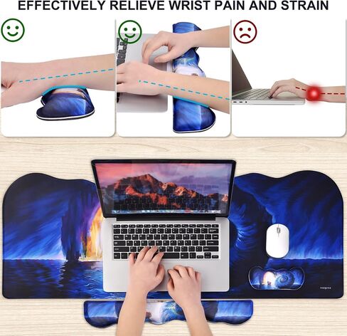 MEGREZ Ergonomic Memory Foam Wrist Support Set, Desk Pad + Wrist Rest + Keyboard Wrist Rest, Non-Slip Base Wave Shape Desk Pad Mat for Home/Office, Sunset Sky in Saudi Arabia