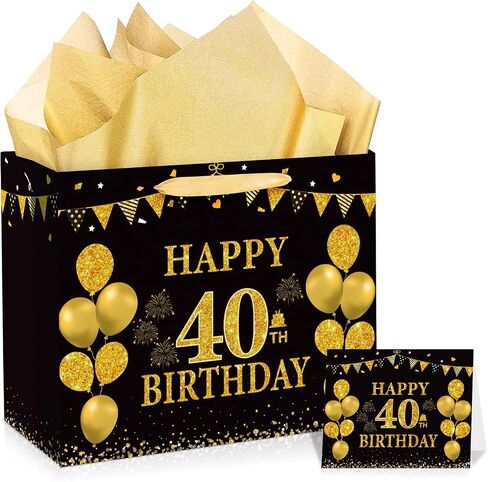 Yoirrat Black Gold 40 Hift Birthday Bag مع بطاقة تحية وورق للأنسجة للرجال - حقيبة تغليف الهدايا مع مقابض لإمدادات ديكور حفلة عيد الميلاد in Saudi Arabia