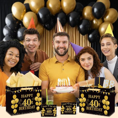 Yoirrat Black Gold 40 Hift Birthday Bag مع بطاقة تحية وورق للأنسجة للرجال - حقيبة تغليف الهدايا مع مقابض لإمدادات ديكور حفلة عيد الميلاد in Saudi Arabia