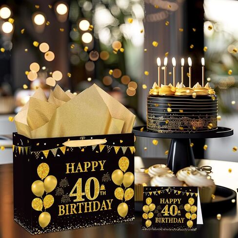 Yoirrat Black Gold 40 Hift Birthday Bag مع بطاقة تحية وورق للأنسجة للرجال - حقيبة تغليف الهدايا مع مقابض لإمدادات ديكور حفلة عيد الميلاد in Saudi Arabia