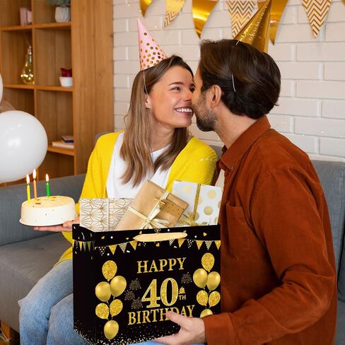 Yoirrat Black Gold 40 Hift Birthday Bag مع بطاقة تحية وورق للأنسجة للرجال - حقيبة تغليف الهدايا مع مقابض لإمدادات ديكور حفلة عيد الميلاد in Saudi Arabia